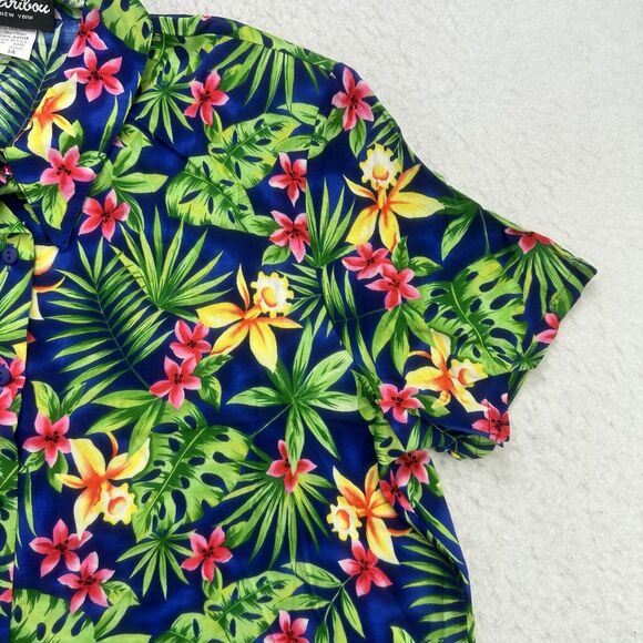 Caribou Hawaiian Shirt Women 1X Green Blue Pink Floral Button Up Shoulder Pads - Picture 6 of 12